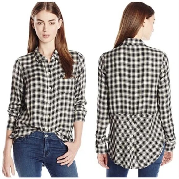 Lucky Brand Black & Cream Boyfriend Split Back Button Down Long Sleeve S - Picture 1 of 6